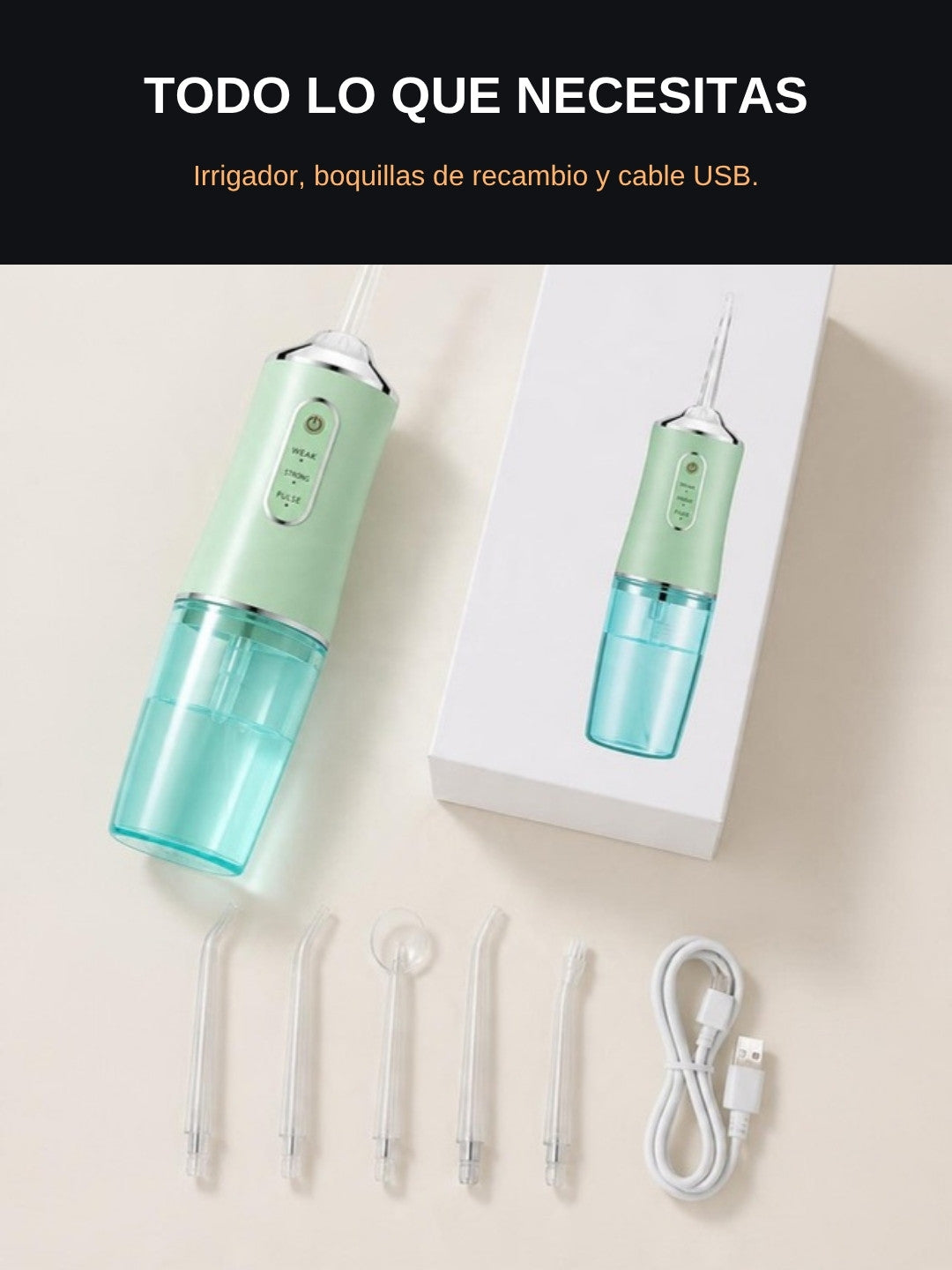 Qué incluye: irrigador, boquillas y cable USB