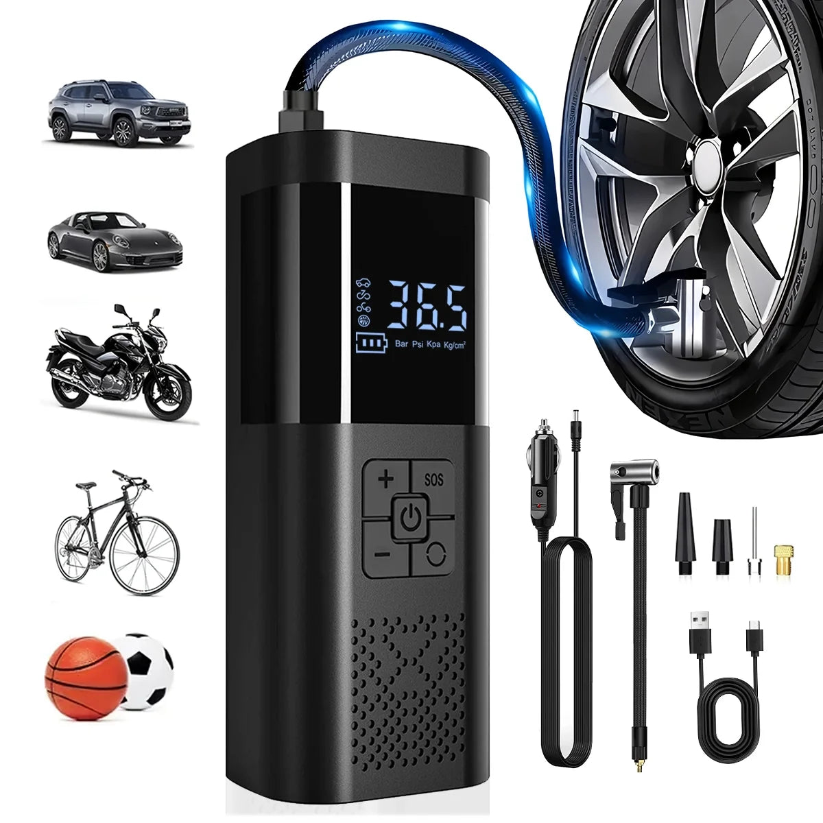Compresor con boquillas para coche, moto, bici y balones