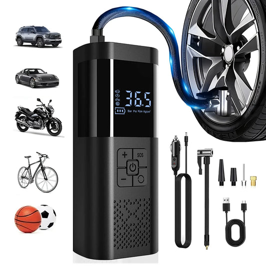 Compresor con boquillas para coche, moto, bici y balones